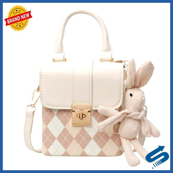Handbags - Quilted Faux Leather Satchel Shoulder Bag with Bunny Pendant Crossbody
